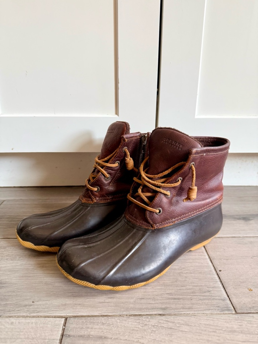 Sperry Saltwater Duck Rain Boots, Tan/Dark Brown